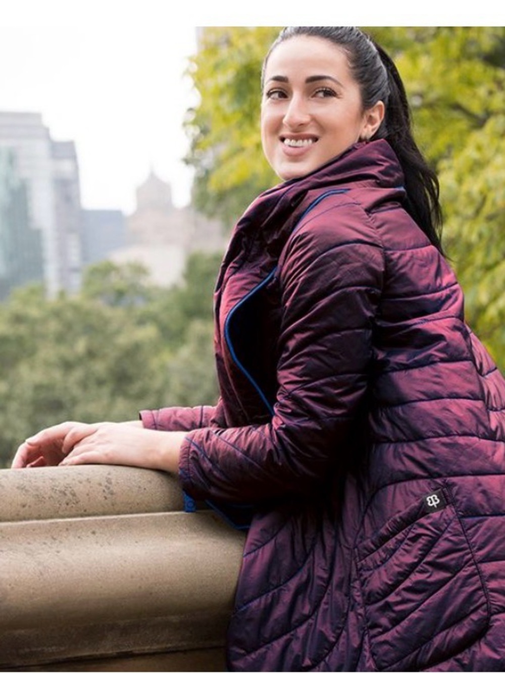Betabrand Burgundy Quilted wrap Jacket with Navy Trim